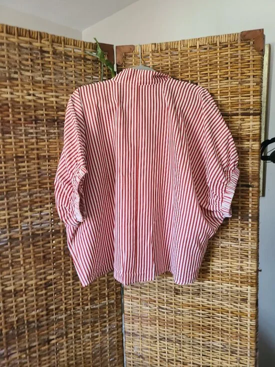 NWT Flowly Oversized Blouse Top Entro Loose Spring SZ Large Red White Stripe SS - Picture 6 of 8